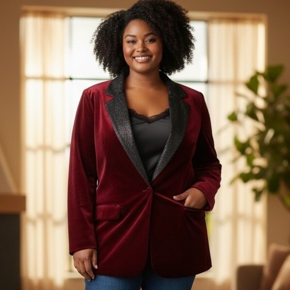 Agnes Orinda Womens 3X Burgundy Velvet Blazer Metallic Glitter Lapel Jacket NEW